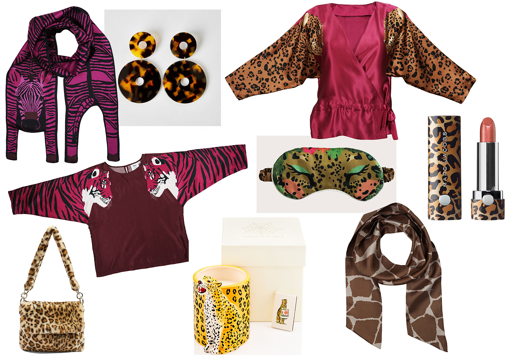 Clockwise : Zebra Silk Scarf by Cléo Ferin Mercury , T ortoise Shell Earrings by Apres-Ski , Leopard Print Top By Cléo Ferin Mercury , Lipstick by Marc Jacobs , Giraffe print Cravat Scarf by Cléo Ferin Mercury, Jaguar Eye Mask by Cléo Ferin Mercury , Candle by Charlotte Olympia , Tiger Print Top by Cléo Ferin Mercury , Leopard Print Bag by Topshop .