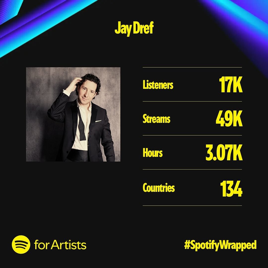 It&rsquo;s been quite a year! Thank you to everyone who took the time to listen to my music. Lots more to come! @spotify @spotifyforartists #spotifywrapped #jaydref #classicalcrossover #singer #artist
