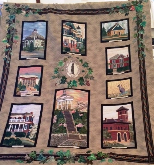 This quilt is titled “Vintage Landmarks: Lynchburg, Virginia”. It was designed and made in Lynchburg by Frances B. Calhoun from 1998-1999. It features several prominent and historic Lynchburg landmarks.