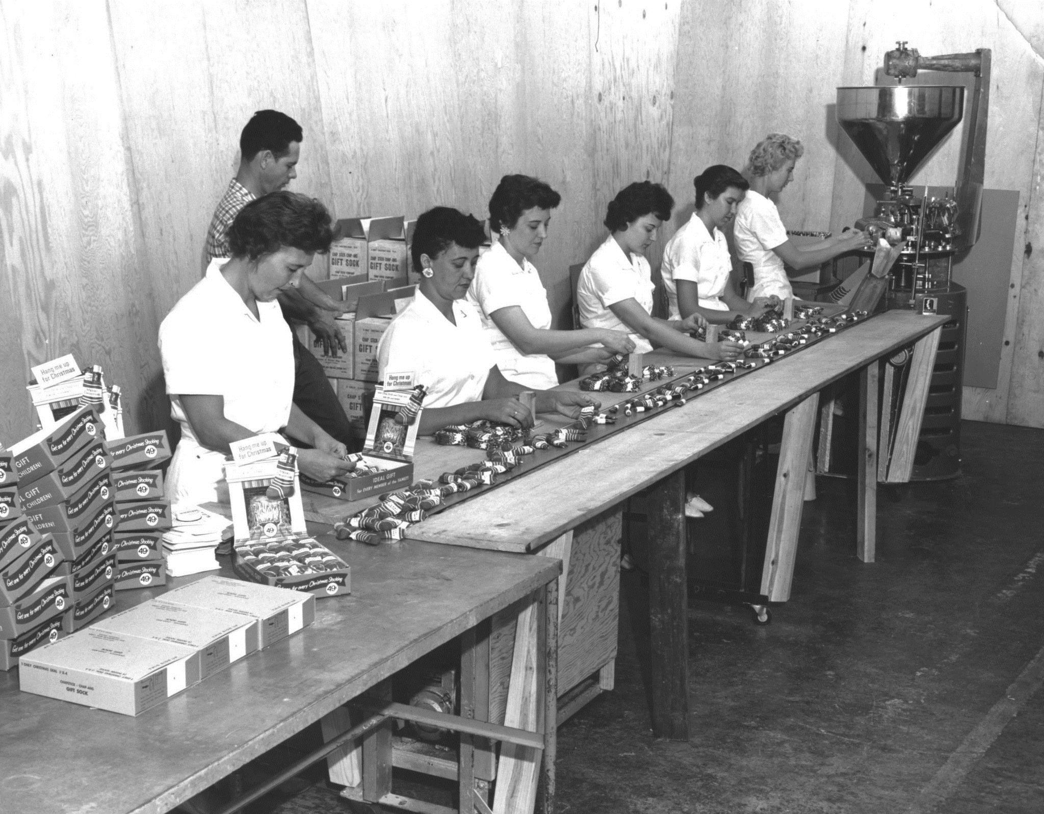 The ChapStick Factory in 1961 packaging ChapStick into Christmas Stockings ( Photo by Owen Grubbs and provided by RetroWeb Visual History of Lynchburg, Virginia courtsey-Kipp Teague)
