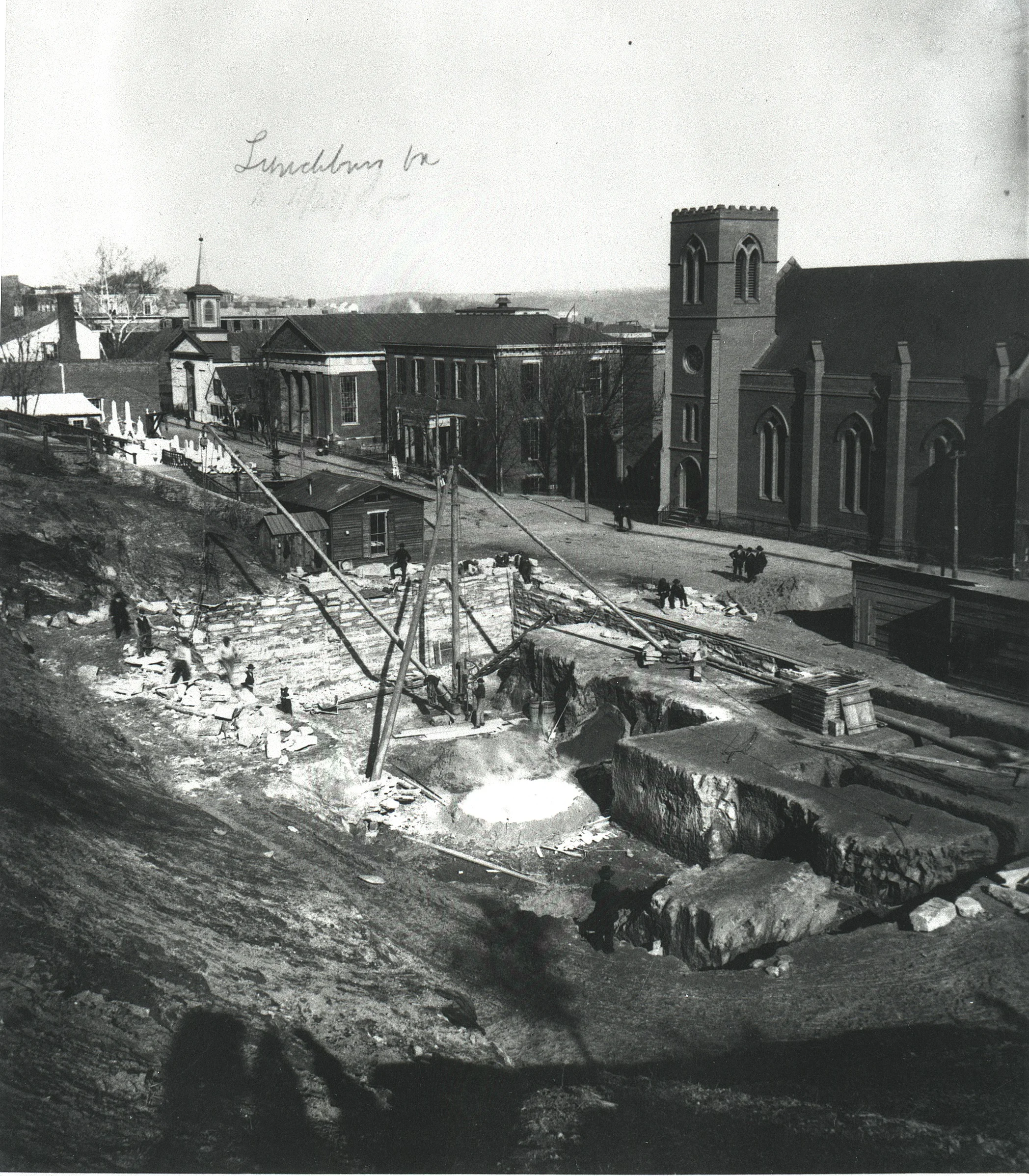 C hurch Street between 8th and 10th Streets ca. 1885 showing progress on the construction of the new United States Court House and Post Office (Monument Terrace building). Just to the left of the construction site, you can see the steps of Monument Terrace. 