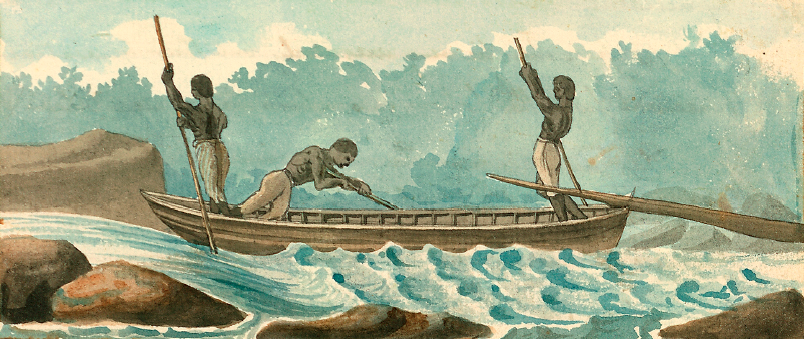 THREE SLAVES STEERING A BATEAU, 1798, WATERCOLOR by Benjamin Henry Latrobe http://edu.lva.virginia.gov/online_classroom/shaping_the_constitution/doc/bateau