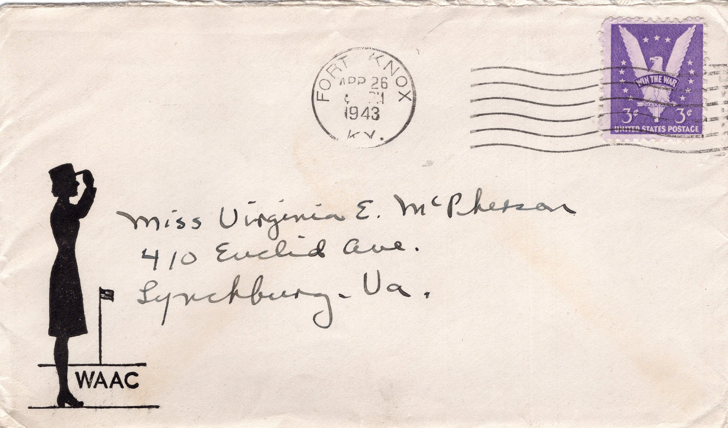   Aux Kathryn Tankersley 73rd W. A. A. C. Post Headquarters Co., A. F. S. Fort Knox, Ky.    Envelope: Postmark: Fort Knox, Ky.&nbsp; 73 301 April 26, 1943    To:&nbsp;    Miss Virginia E. McPherson 410 Euclid Ave. Lynchburg, Va.  
