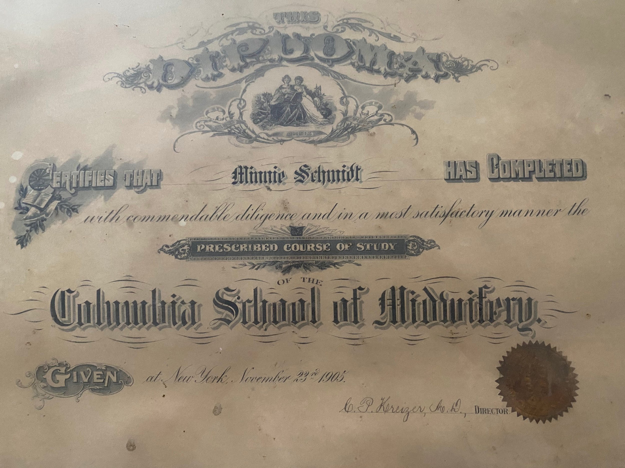 Minnie Schmidt's Columbia School of Midwifery Diploma