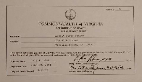 Adela Wilson's VA Midwifery Certification