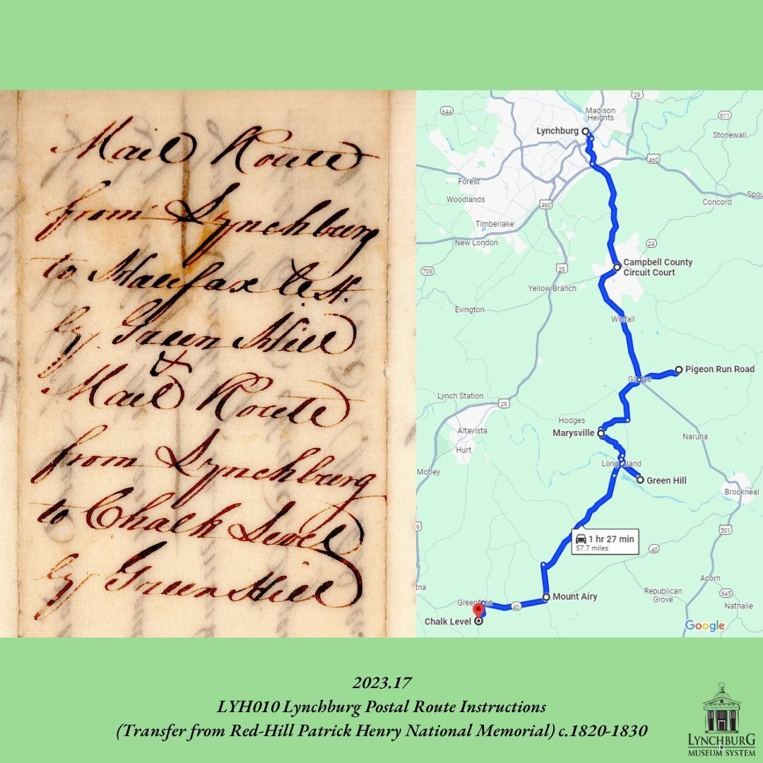 📣Weekly Artifact Spotlight #18:

These pages are entitled &quot;Mail Route from Lynchburg to Halifax C.H. by Green Hill &amp; Mail Route from Lynchburg to Chalk Level by Green Hill.&rdquo;

The Lynchburg, VA to Chalk Level, VA route went as follows: