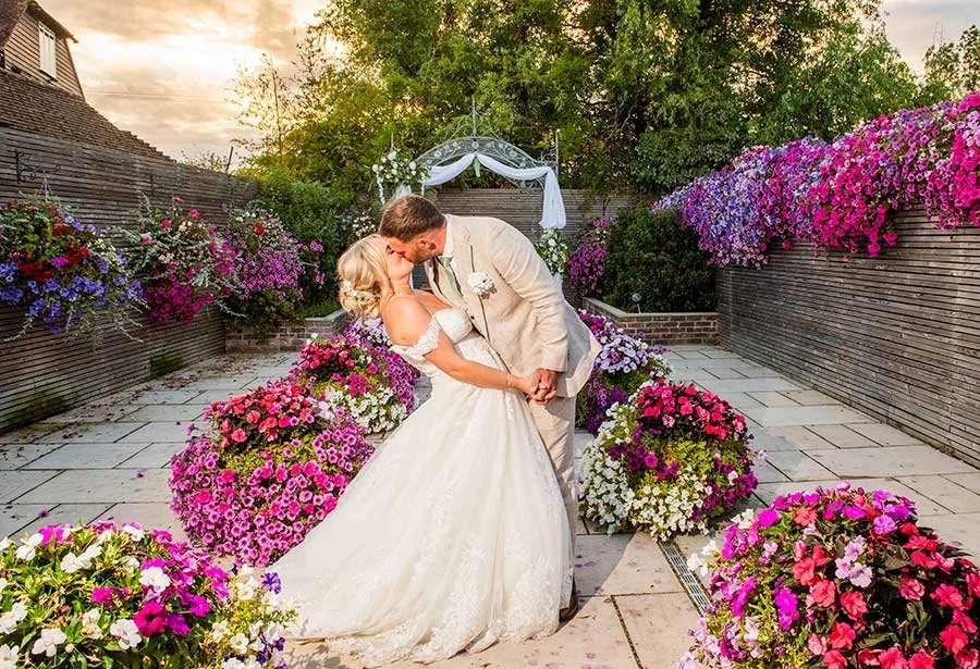 Bride and groom stunning evening portrait captured at Random Hall naturally by Darren Gritton Photography.