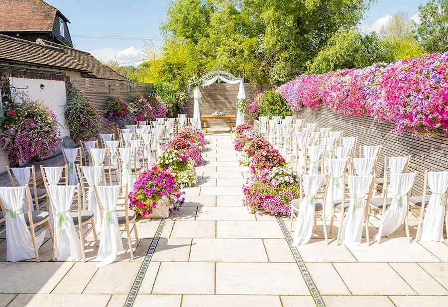 Random Hall outdoor ceremony venue decorated for the couple’s special day, ready for guests to take their seats.