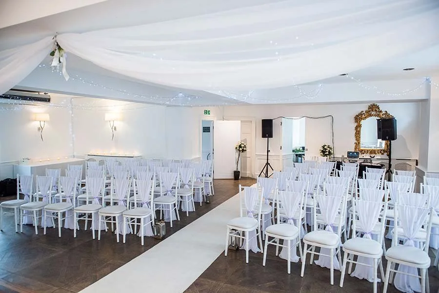 Interior of Chichester Harbour Hotel in Chichester, West Sussex before the wedding, showing elegant décor and ceremony space.