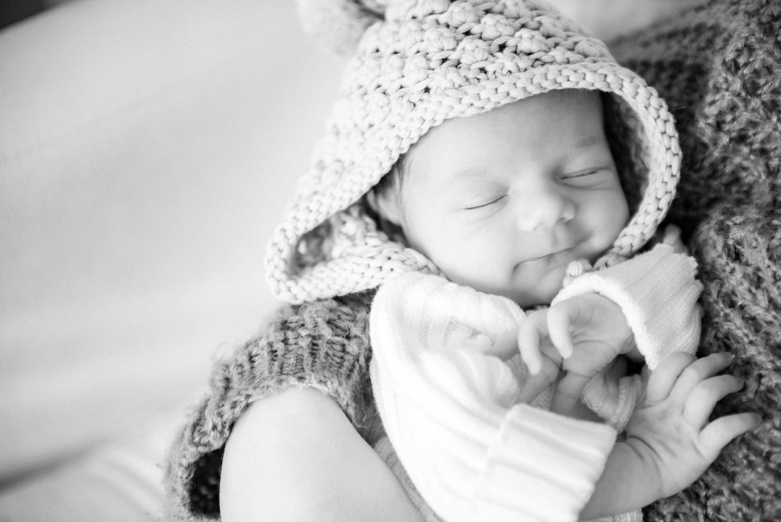 Newborn photography session Gibsonville NC — sleeping baby in knit bonnet, Alison Tapp Photography