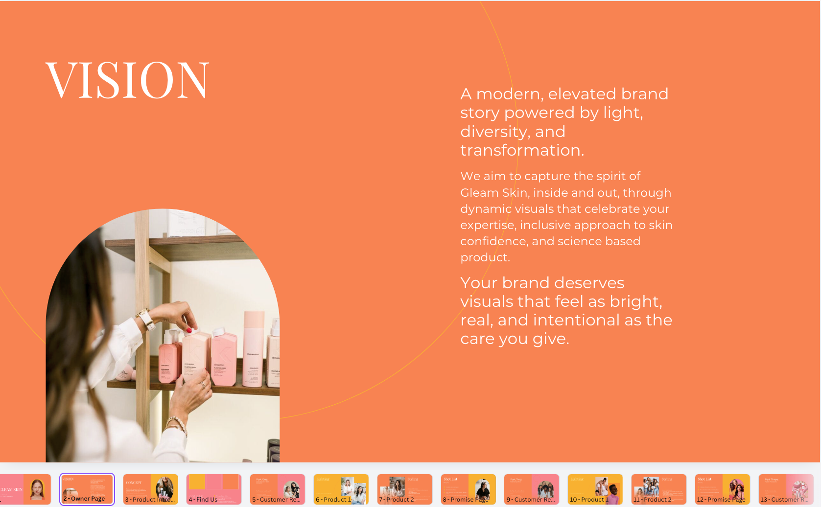 A screenshot of the Gleam Skin brand proposal showing detail and vision for our burlington nc brand session