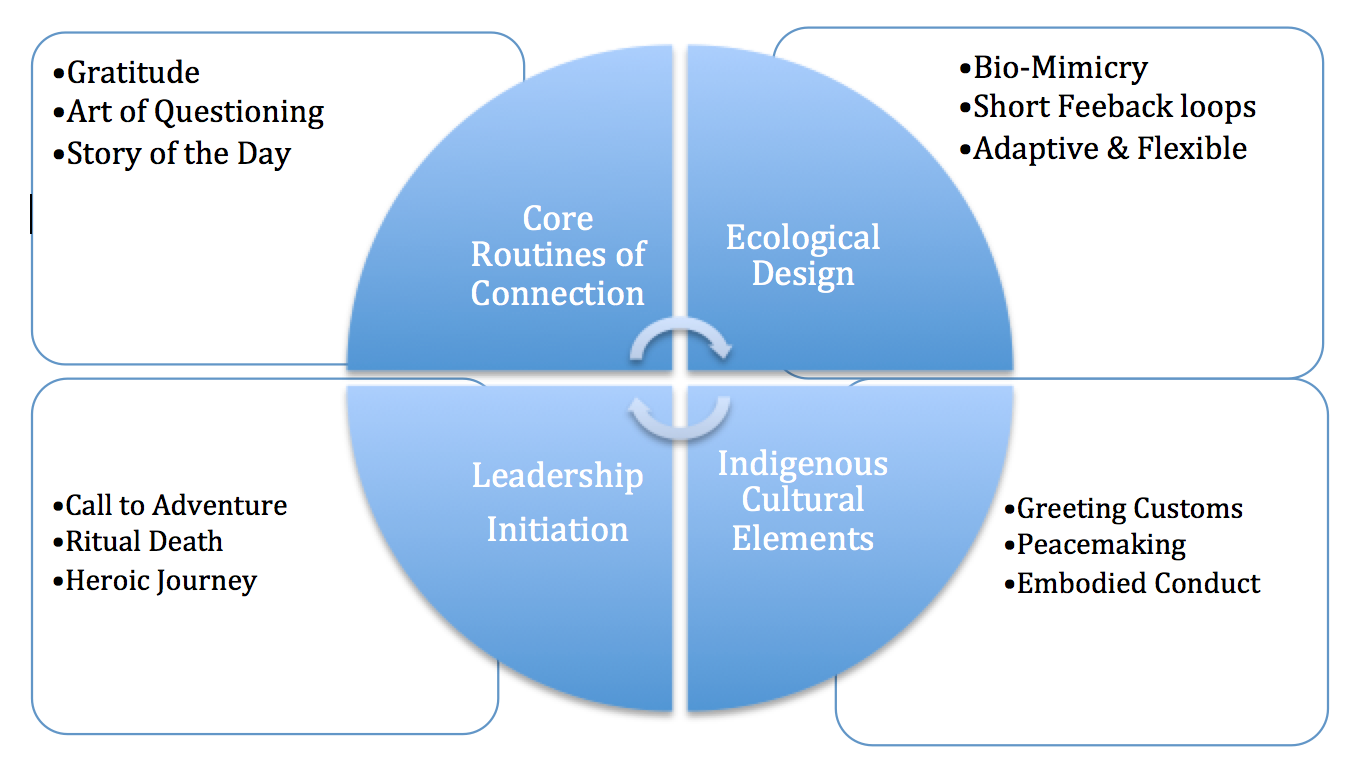 These are four aspects of the connected leadership knowledge and experience body of work. The lower quadrants are internal components, while the upper half are external components. The left side is Individual applications and on the right, organizational applications. The wheel at the center indicates the internal informing the external and the external informing the internal dynamics of individual and organizational levels of culture. In the four boxes are examples of each quadrant.