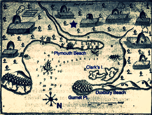 Samuel de Champlain 's 1605 map of Plymouth Harbor. The star marks the approximate location of the 1620 settlement