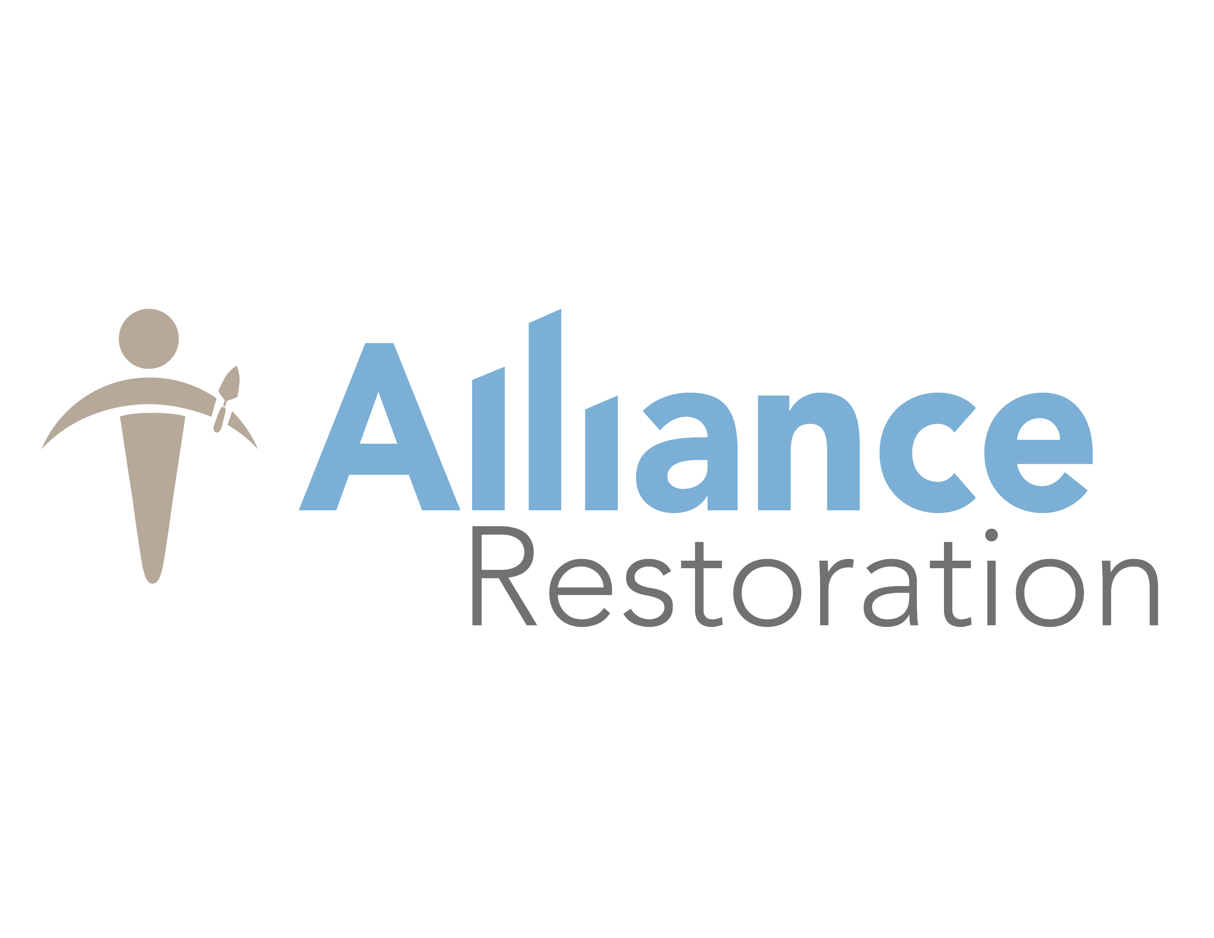Logo of Alliance Restoration featuring a stylized person with a cape, and the words 'Alliance' in blue and 'Restoration' in gray.