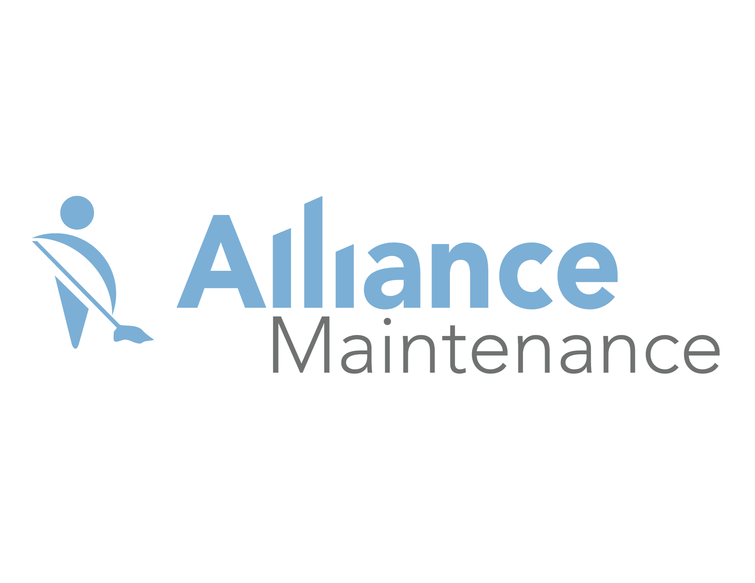 Logo of Alliance Maintenance featuring a stylized figure with a mop and the company name in blue and gray text