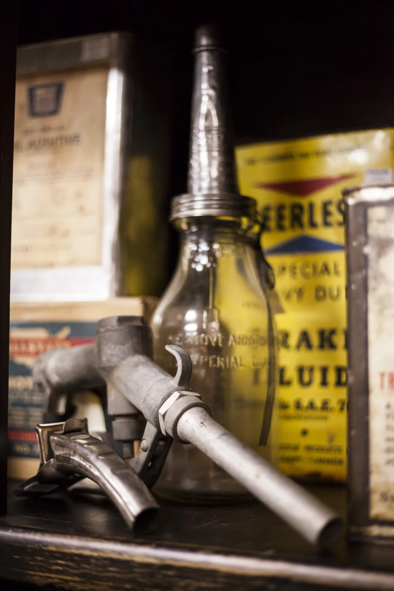 Antique Gas Pump Nozzles, Glass Oil Jars, Auto Parts