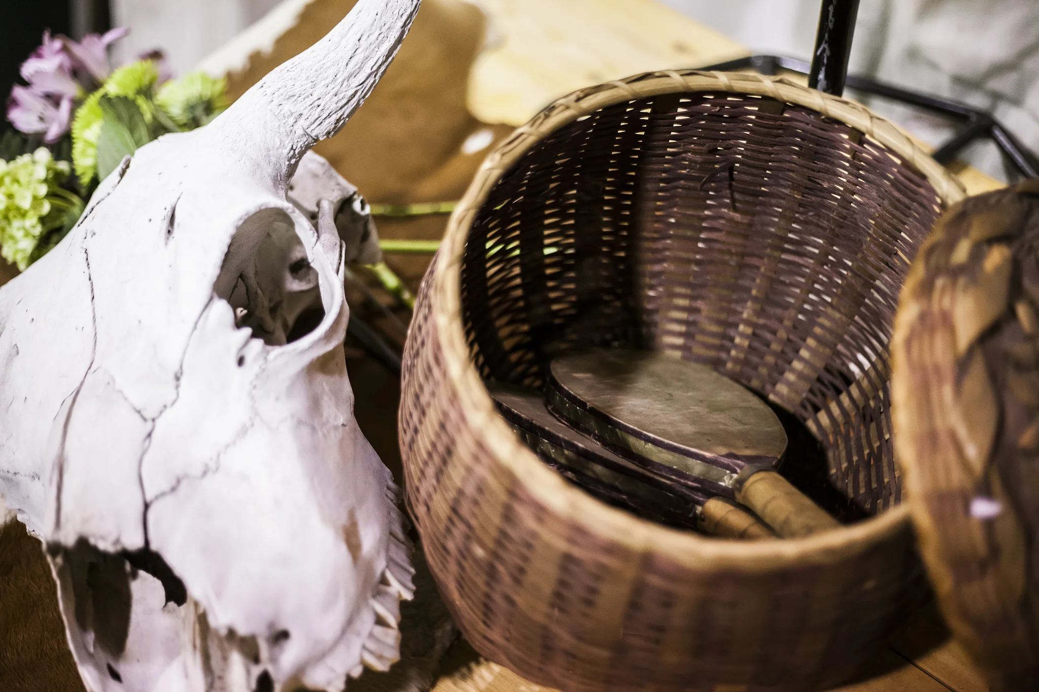 Old Wicker Basket With Antique Tools Inside