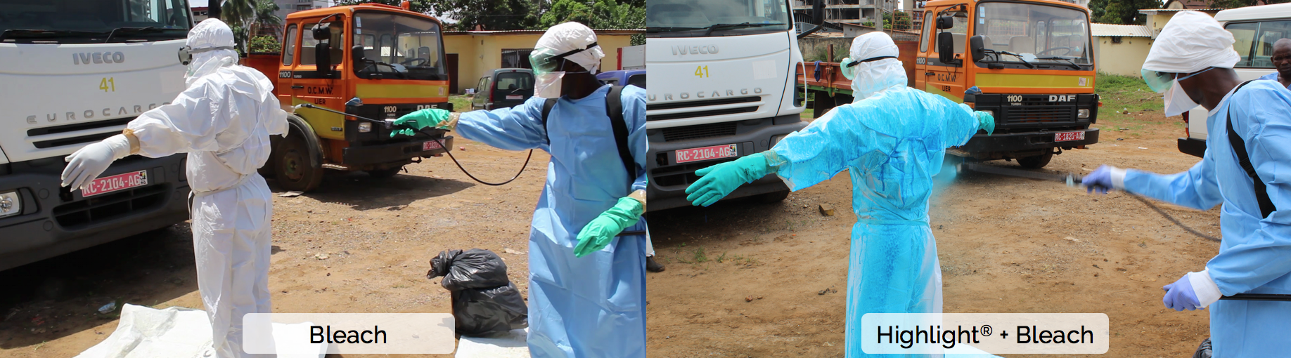 Healthcare personnel conduct spray decontamination doffing procedures with chlorine solution alone (left) and with Highlight®-enhanced chlorine solution (right) in Conakry, Guinea.