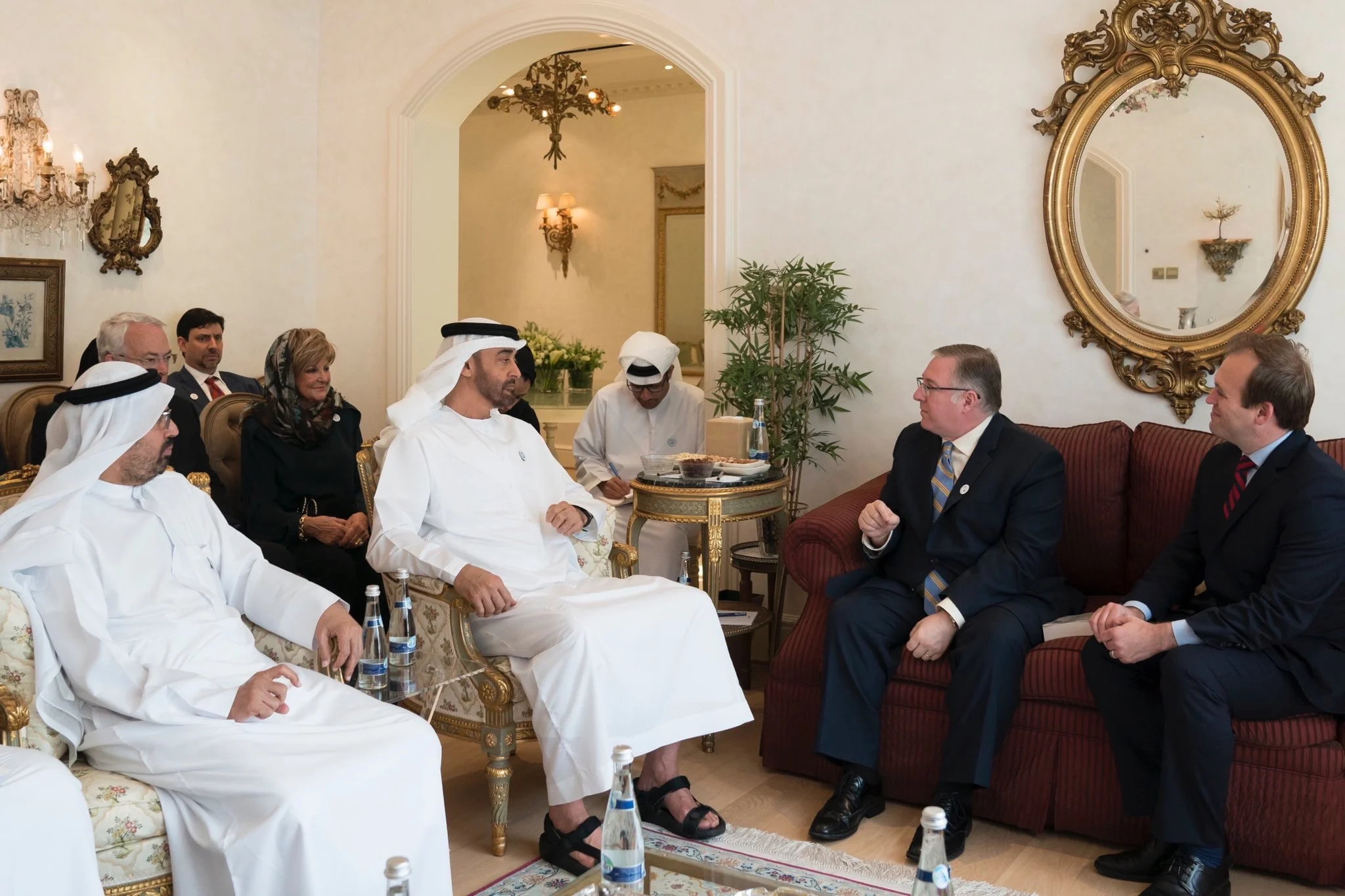 His Highness Sheikh Mohamed bin Zayed Al Nahyan, Crown Prince of Abu Dhabi (center), welcomes a delegation of American Evangelicals, including Joel C. Rosenberg (on couch, left) and Rev. Johnnie Moore (on couch, right), into his home.