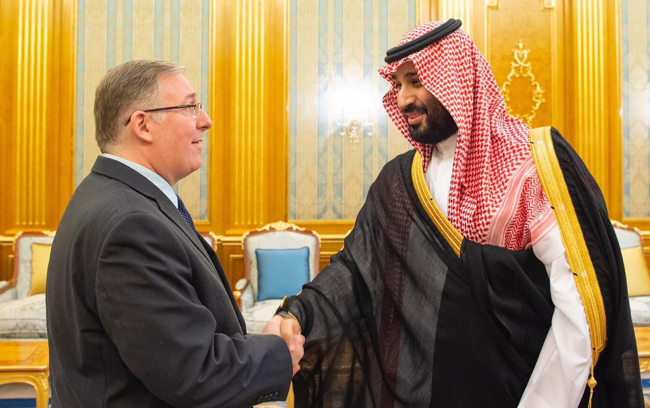 HRH Crown Prince Mohammed bin Salman Greets host Joel C. Rosenberg, leader of a Delegation of American Evangelical Christian Leaders at The Royal Court in Jeddah Tuesday.
