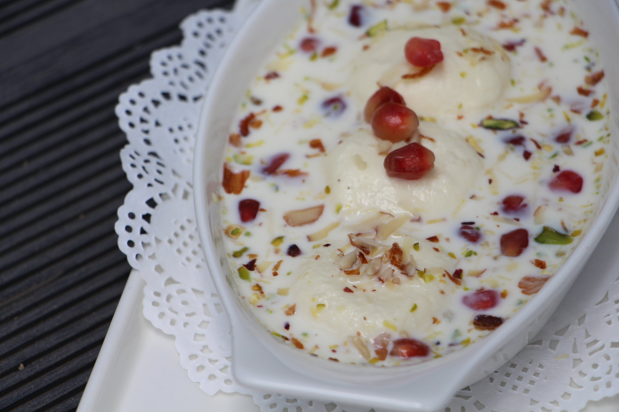 Light, dreamy and the perfect pick me up after a meal, this marble rasmalai with pomegranate seeds is just what you need.