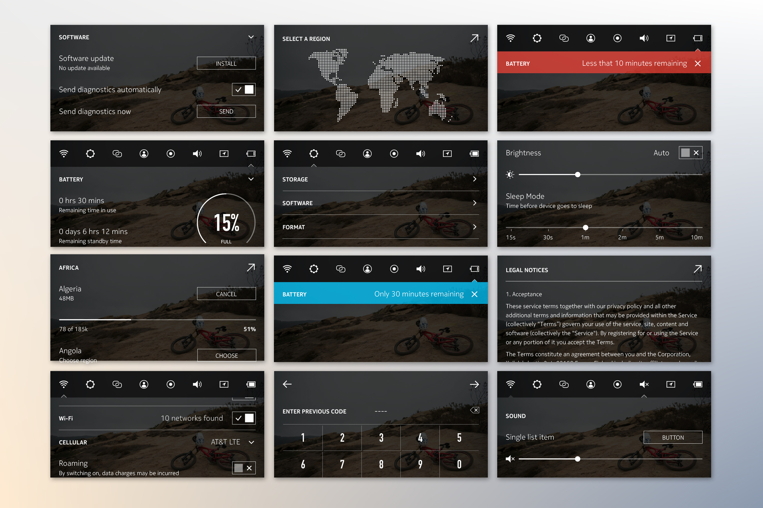 CUSTOM SETTINGS UI OVERVIEW_ Interaction and Visual Design for the settings UI for a connected device. DESIGN_ The intent was to create a settings component that can be accessible at all levels of the system and is easily navigable, despite a small 2:1 horizontal screen. The design required the organization of a large amount of required, and constantly changing, content and features. Lead UI/UX and Visual Designer