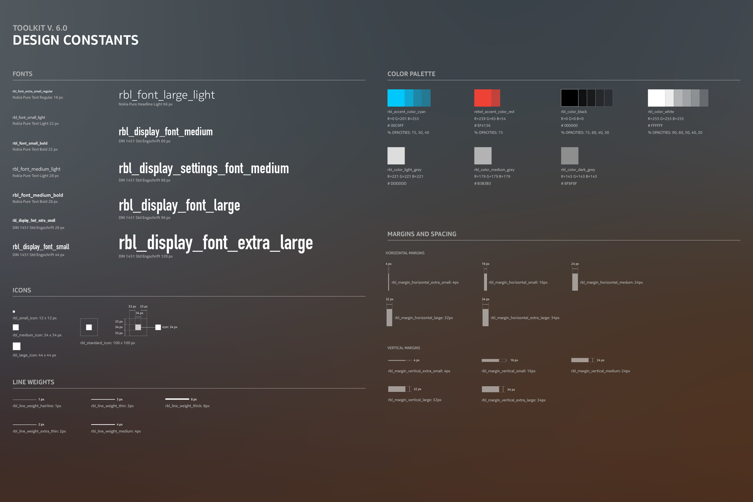 TOOLKIT FOR A CONNECTED DEVICE OVERVIEW_ Design constants, layouts and grids, specifications and and visual assets created for designers and engineers. DESIGN_ Pixel-perfect elements designed to optimize small screen legibility. Toolkit also used to create a consistent visual language across other platforms and products within the system. Lead Visual Designer