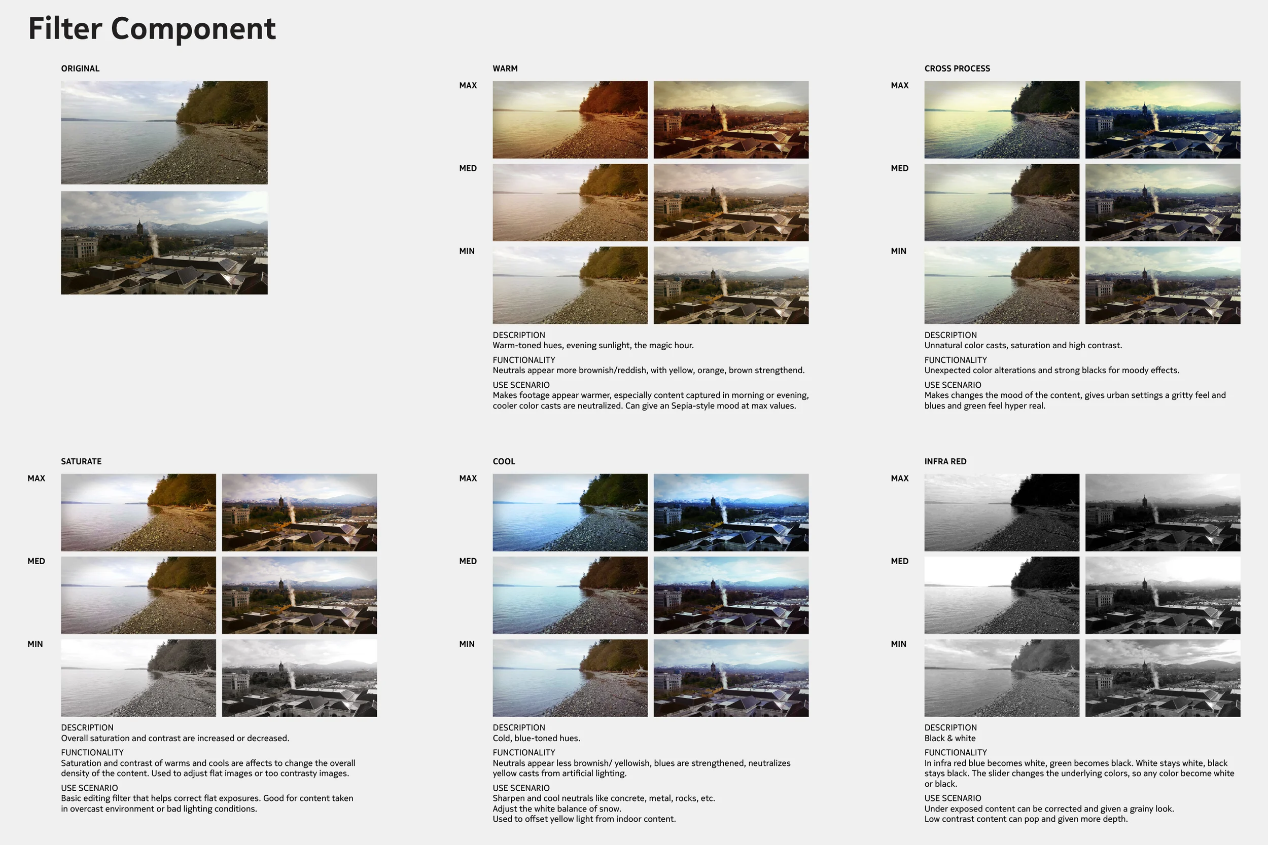   FILTERS COMPONENT   OVERVIEW_ Design and optimize filters for video content.&nbsp;  DESIGN_ Tested multiple filter options to be used on a wide variety of photographic and video content. Filters were required to be customizable, based on a slider, 