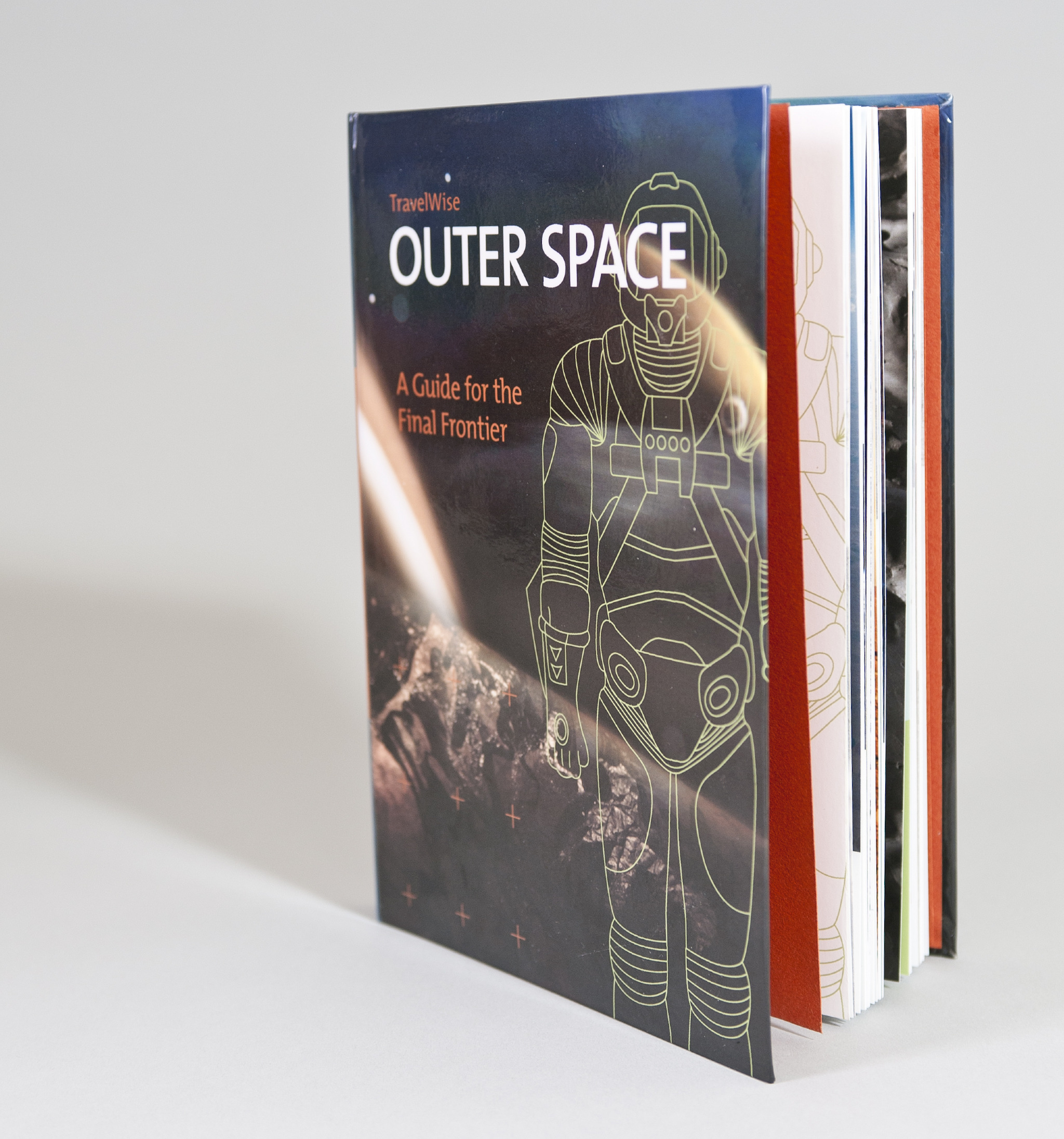 TRAVELWISE OUTERSPACE OVERVIEW_ A mock space tourism guidebook. DESIGN_ This travel guide provides information on the various ways one can travel throughout the solar system, the activities available while on the trip, and the precautions one should take. The approach was to combine original photography, composite imagery and graphic illustrations to create a user-friendly yet modern aesthetic. Visual Design Direction, Book Layout Design