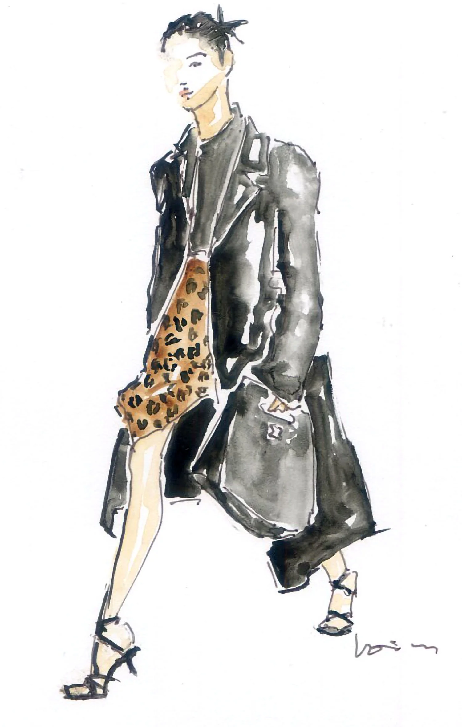Watercolor Fashion Sketch, Black Coat
