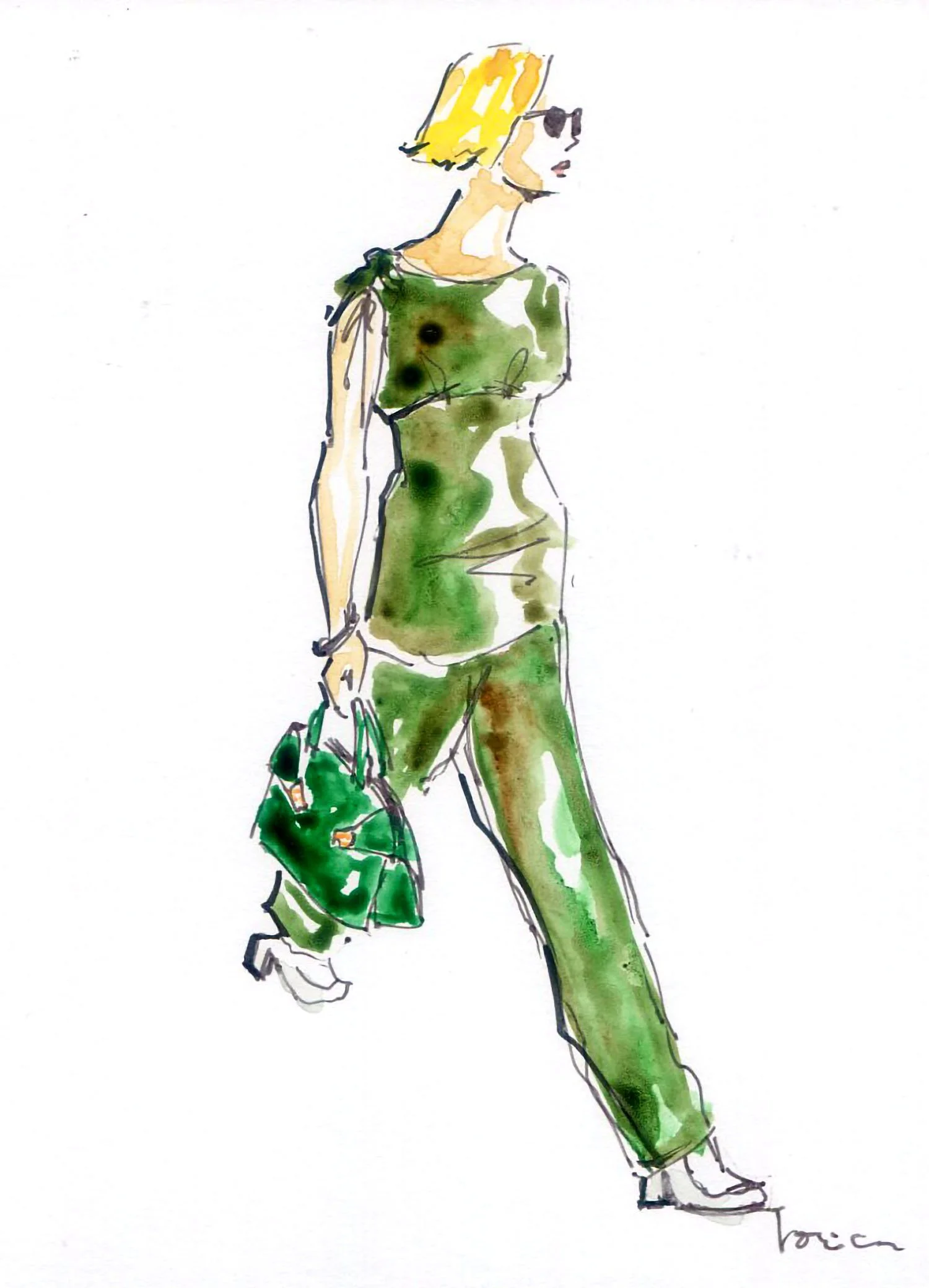 Green Jumpsuit fashion illustration sketch