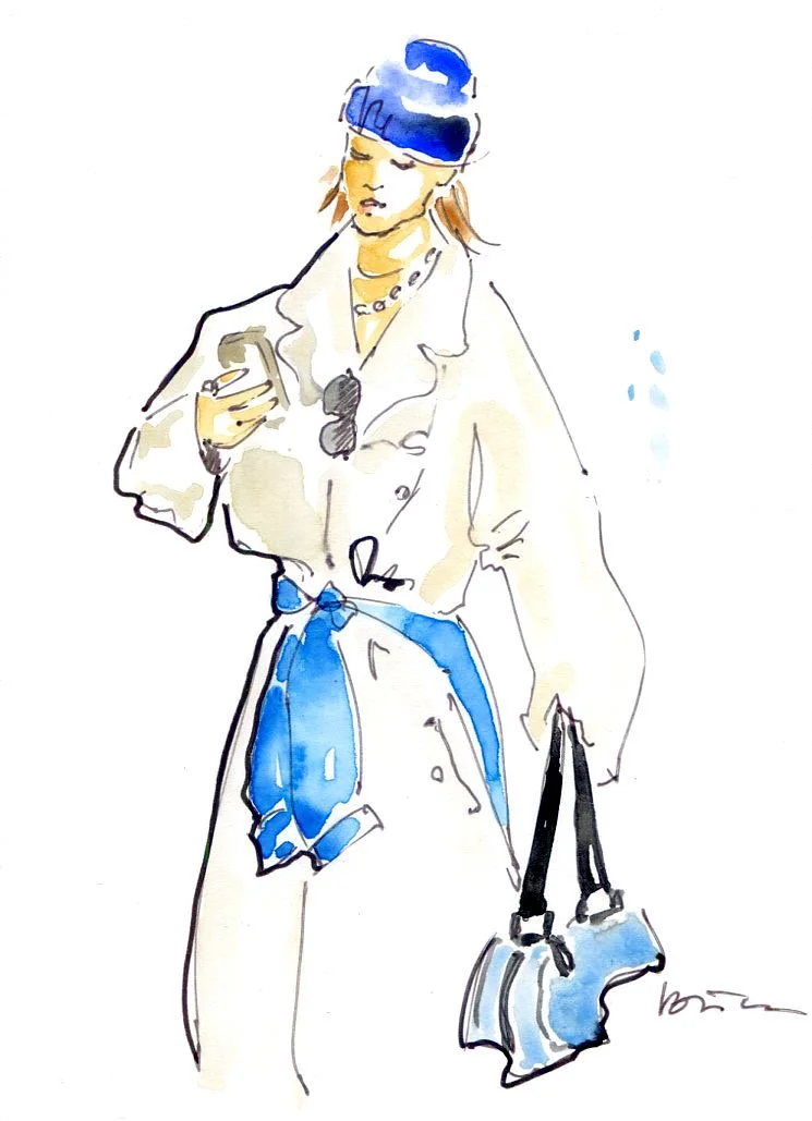 Trench coat and blue beanie fashion illustration