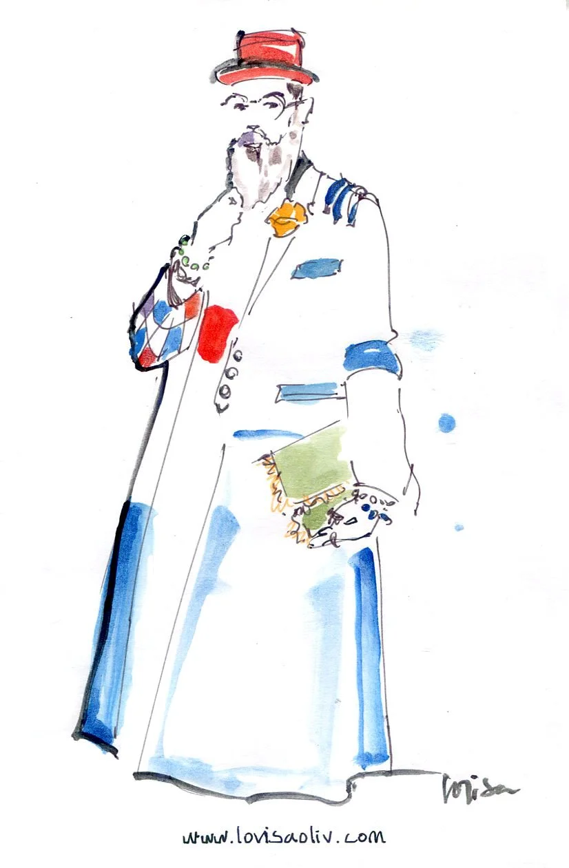 Jean coat and red hat, street style quick sketch