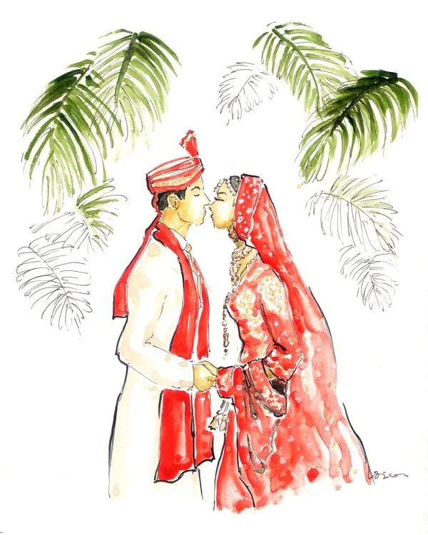 Indian wedding watercolor art, Bride and Groom
