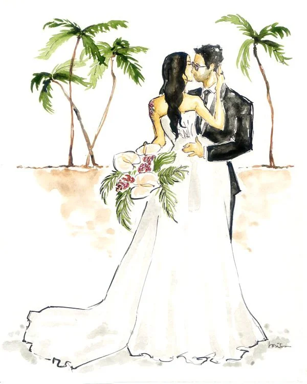 Hawaii wedding, Bride and Groom under the palm trees.