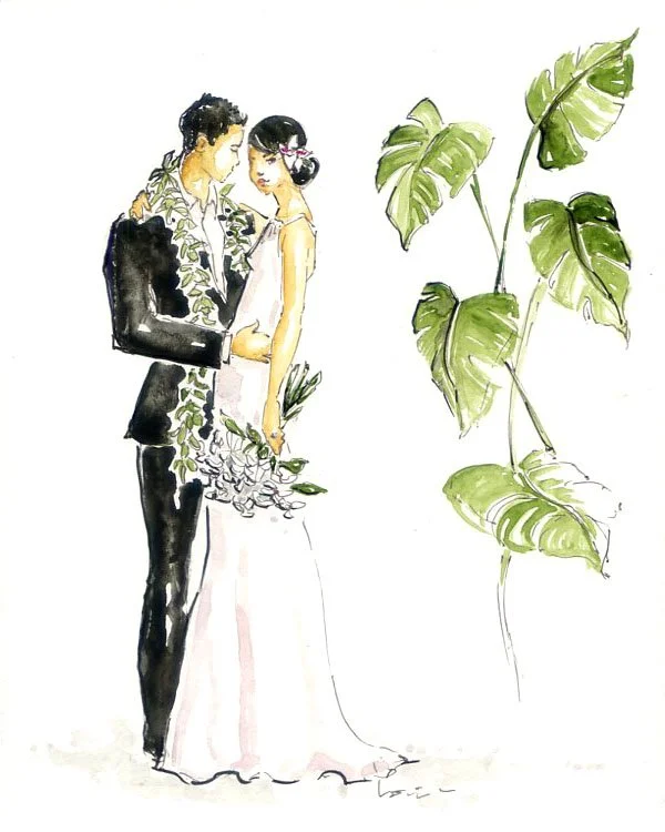 Hawaii Wedding, bride and Groom with tropical Monstera Leaf