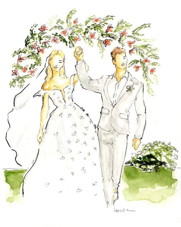 Wedding illustration artwork, Bride and Groom under the floral arch