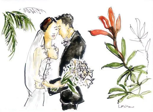 Bride and Groom, tropical wedding fashion illustration painting