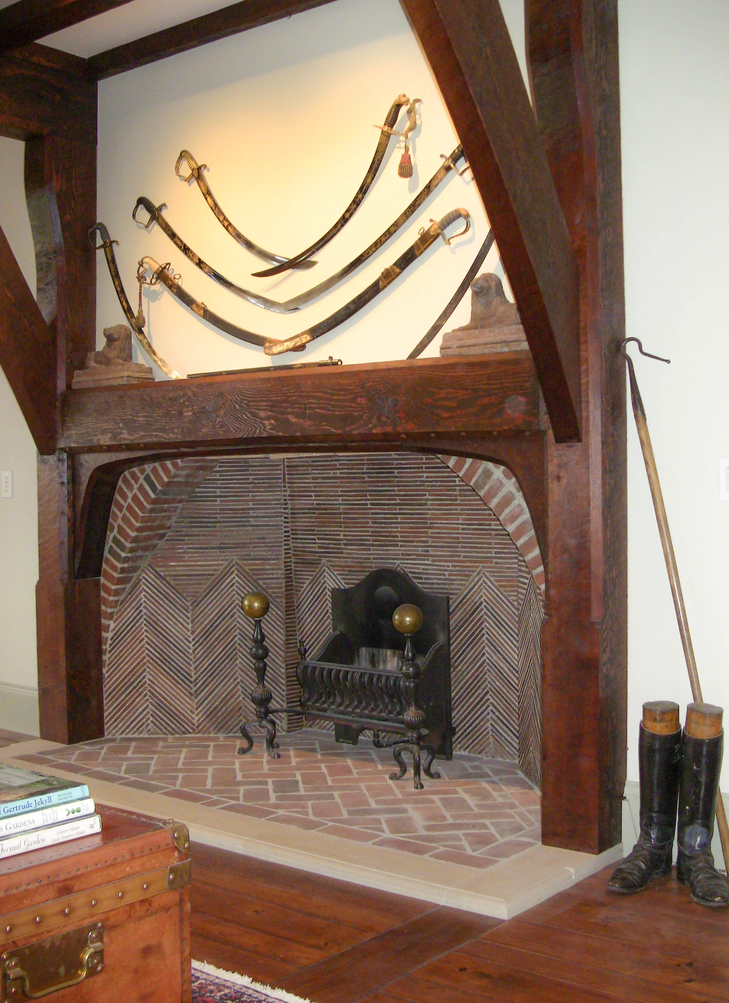 The Great Room fireplace is a reproduction of Lutyens'&nbsp;Hall fireplace at "Deanery Garden" in Sonning, England. The floors throughout are hand-scraped,&nbsp;imported European coppice oak.