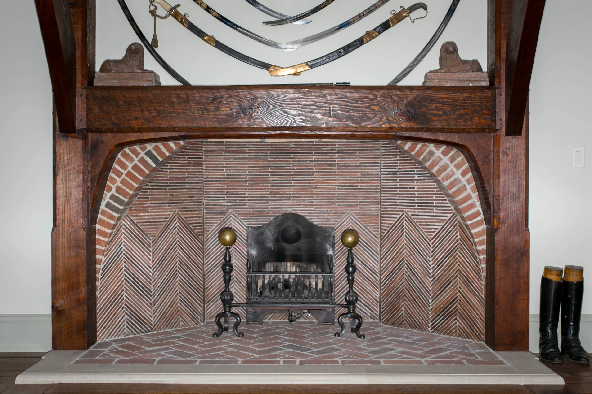 Rumford fireplaces were common from 1796, when Count Rumford first wrote about them, until about 1850. Jefferson had them built at Monticello. This Arts and Crafts design was originally built at Deanery Garden, Berkshire , England in 1899