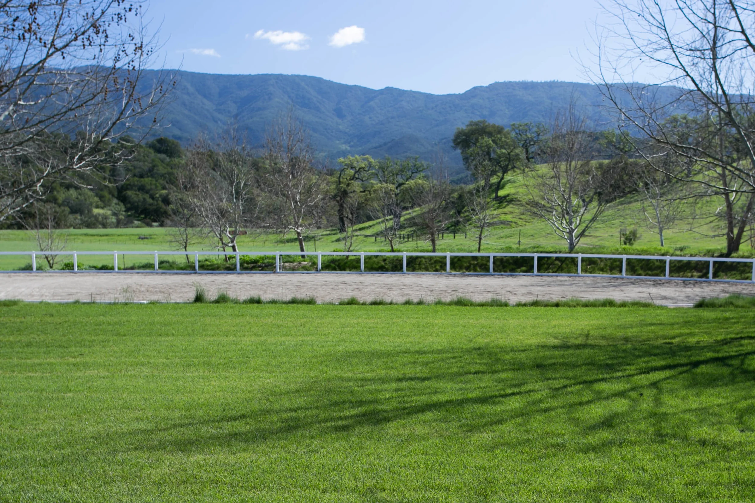 The 110' x 200' Riding Arena is partially sunken into the landscape, which creates a unique vantage point for spectators. The arena is defined by WoodGuard low maintenance rail fencing. This fencing starts with a structurally sound solid wood core treated with a non-toxic organic borate compound to protect against dry rot, termites, and fungus. Finally, it is then coated in an engineered, UV-stabilized plastic blend which requires NO PAINTING...ever. Dust and footing moisture level control is provided by four, recessed and rider safe, 60 gpm Hunter I-90 rotor sprinklers. Application can be automatic or manual at over 120 gallons per minute.