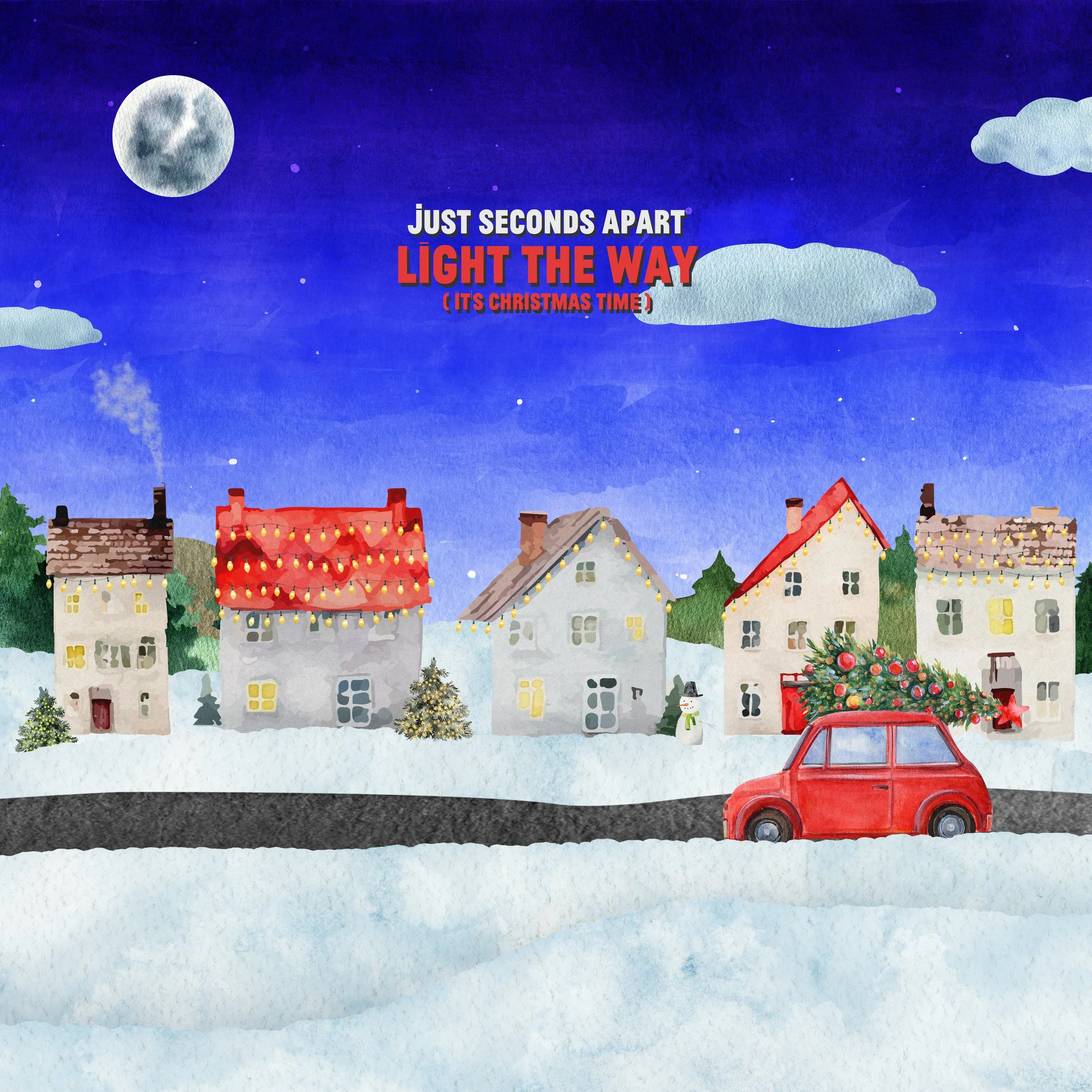 A snowy Christmas scene with a red car carrying a decorated Christmas tree, surrounded by houses with holiday lights, a full moon, and dark blue night sky with clouds.