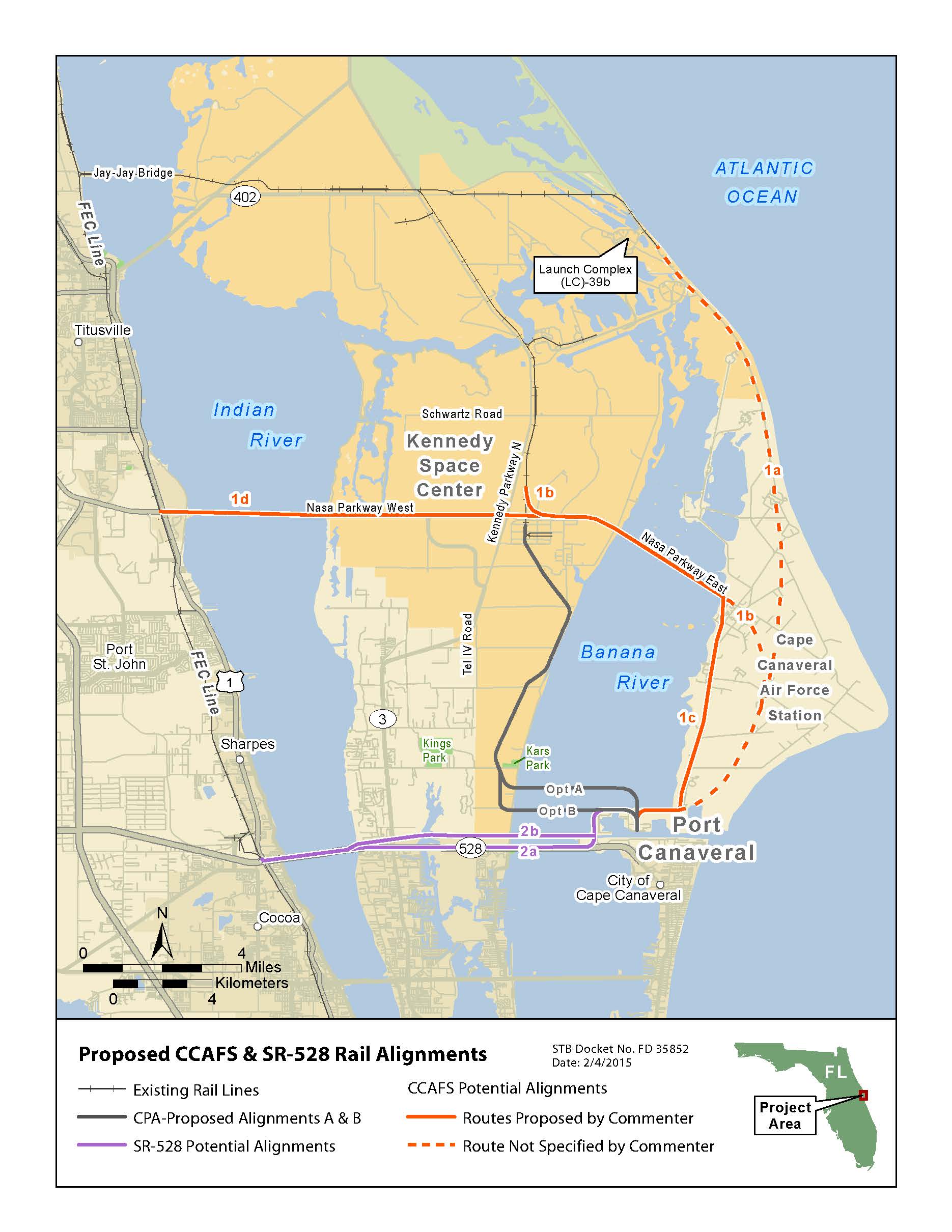 Proposed alignments for a rail extension to benefit the Canaveral Port Authority.