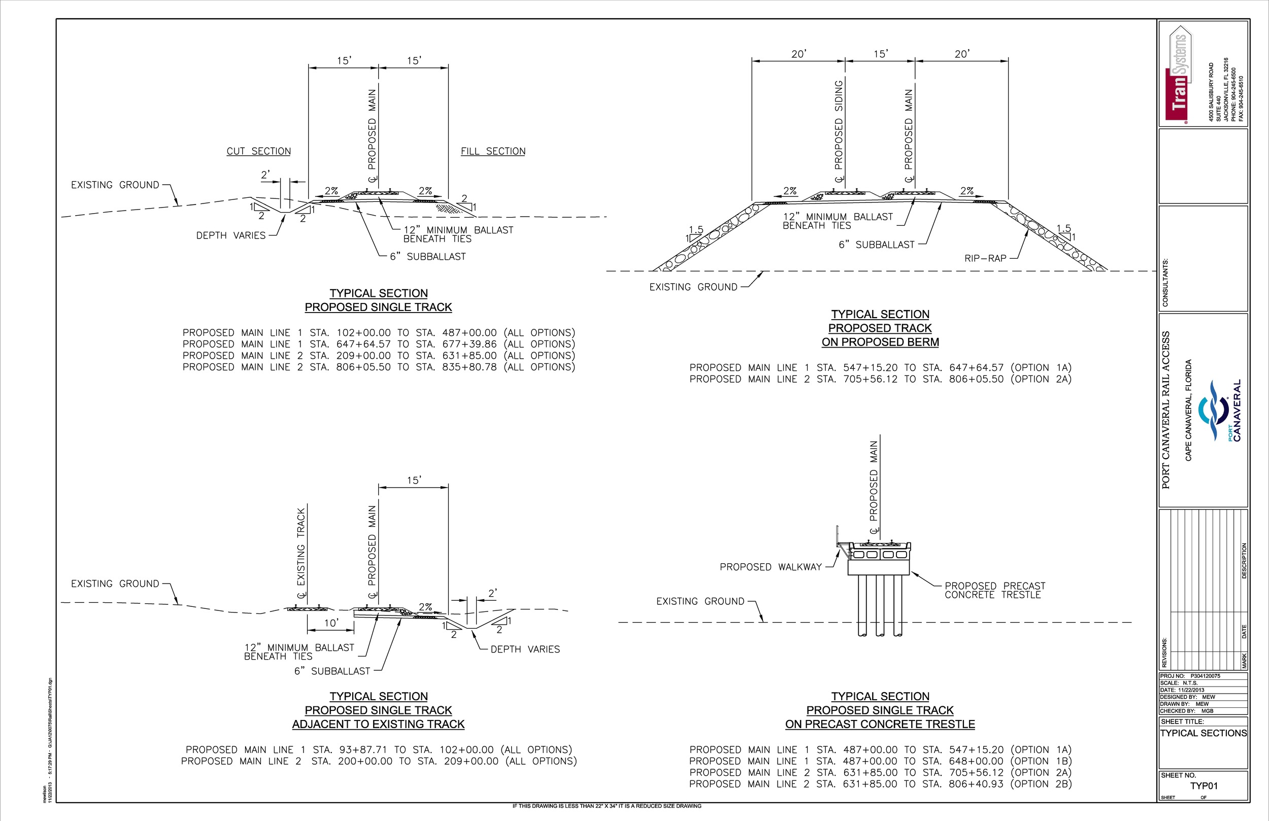 Engineering renderings of proposed rail features for the Port Canaveral Commercial Rail Extension. Note the diagram in the upper right hand corner. That's the cross-section of an earthen-dam berm causeway to support the rail line.