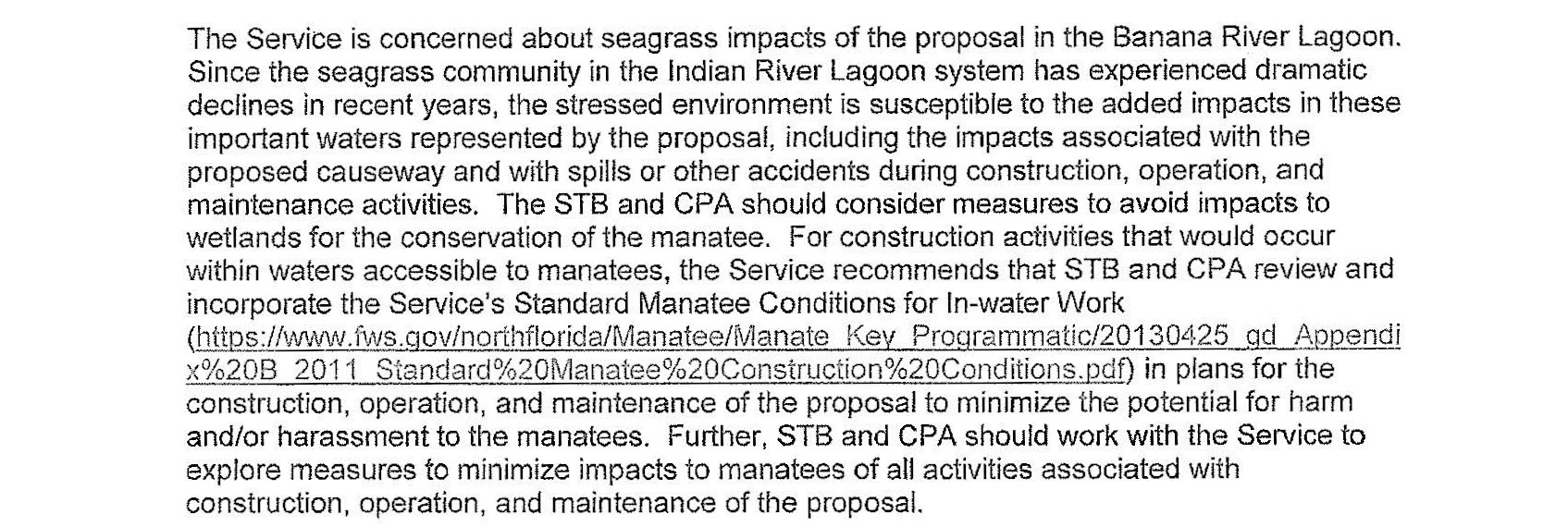 Excerpt from 19-page comment document submitted by US Fish and Wildlife regarding concerns with building a causeway to support commercial rail for Port Canaveral.