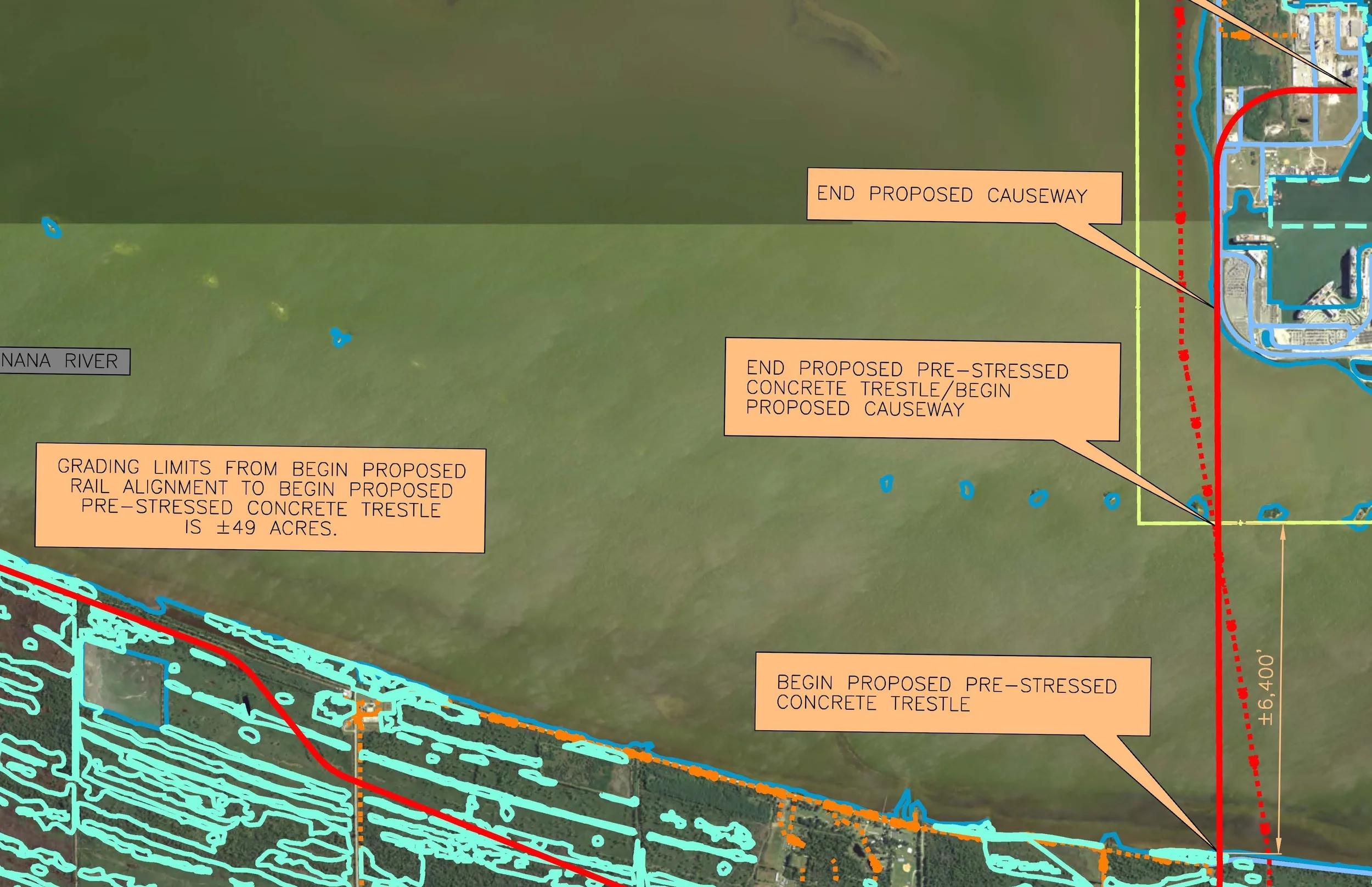 Detail showing earthen-berm causeway on detailed drawing above. Note, CPA has removed the 6,000-foot distance. But according to the scale in the lower right, this is 6,000 feet in length. 