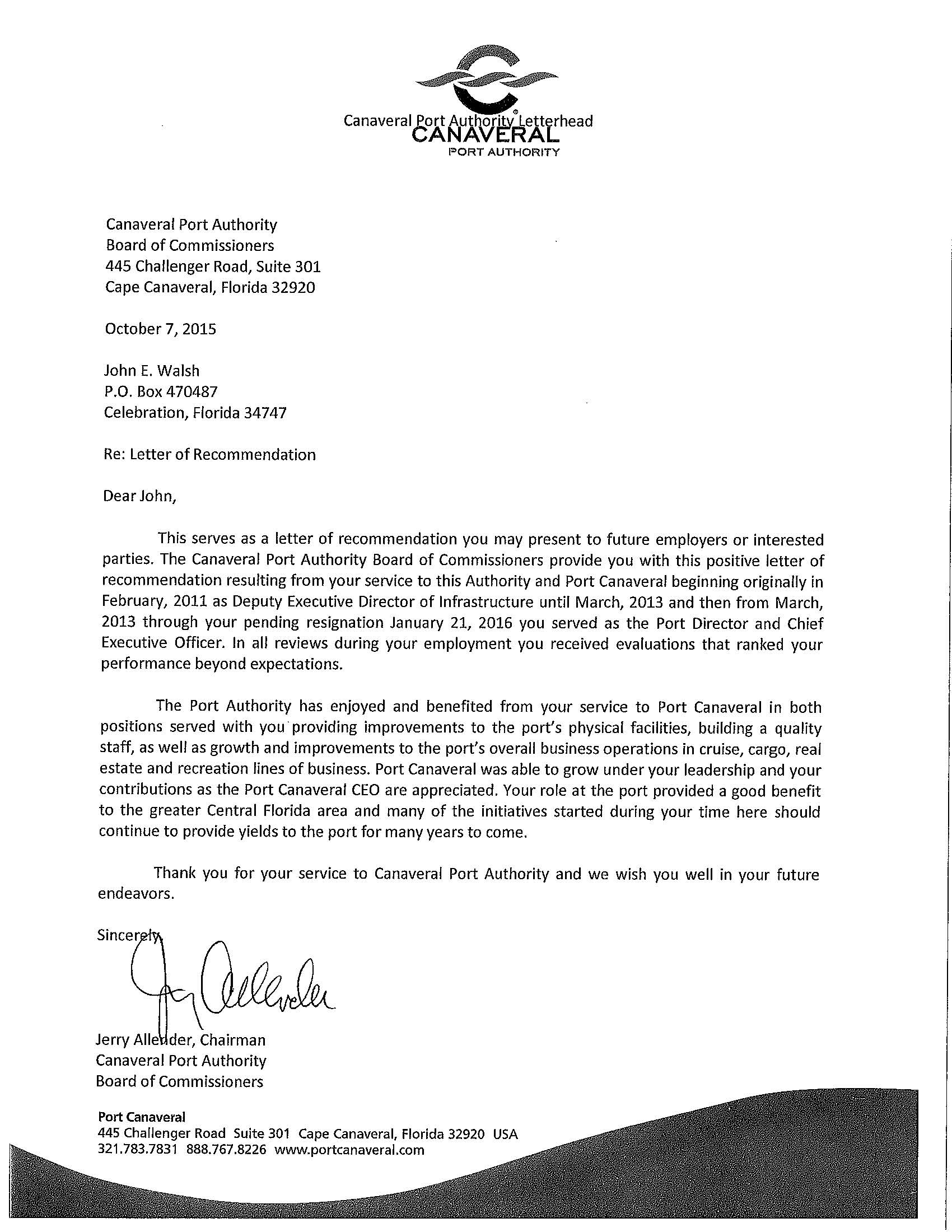 CPA Chariman Jerry Allender penned a glowing recommendation for disgraced CPA CEO John Walsh on behalf of the board.