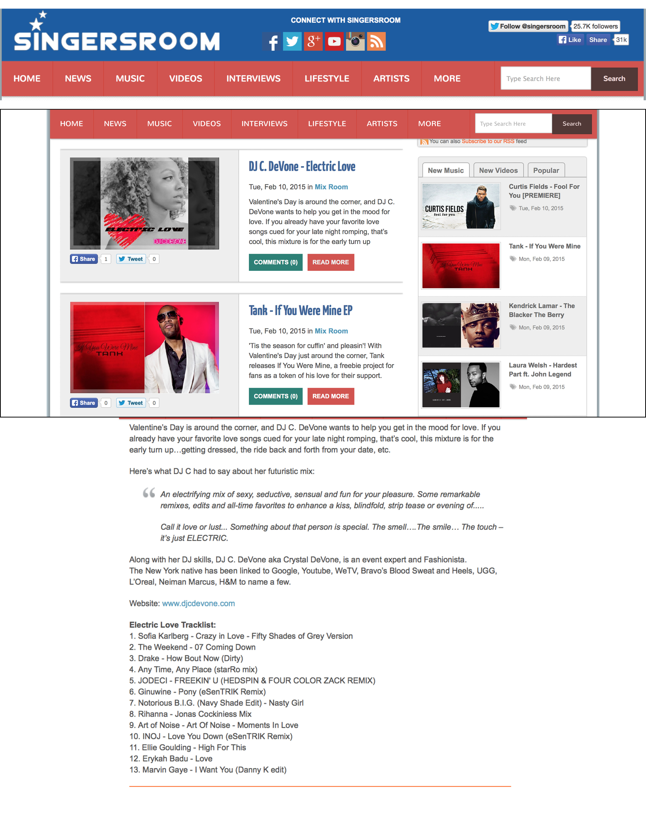 DJ C. DeVone's Valentine's Day Mix, Electric Love, Featured on SingersRoom.com