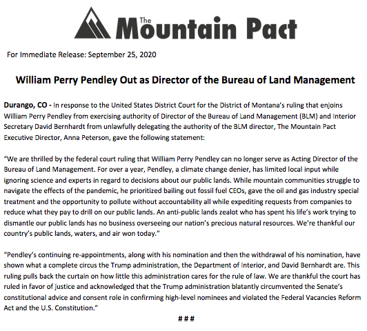 William Perry Pendley Out as Director of the Bureau of Land Management