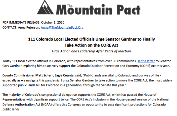 RELEASE: 111 Colorado Local Elected Officials Call On Senator Gardner to Support the CORE Act
